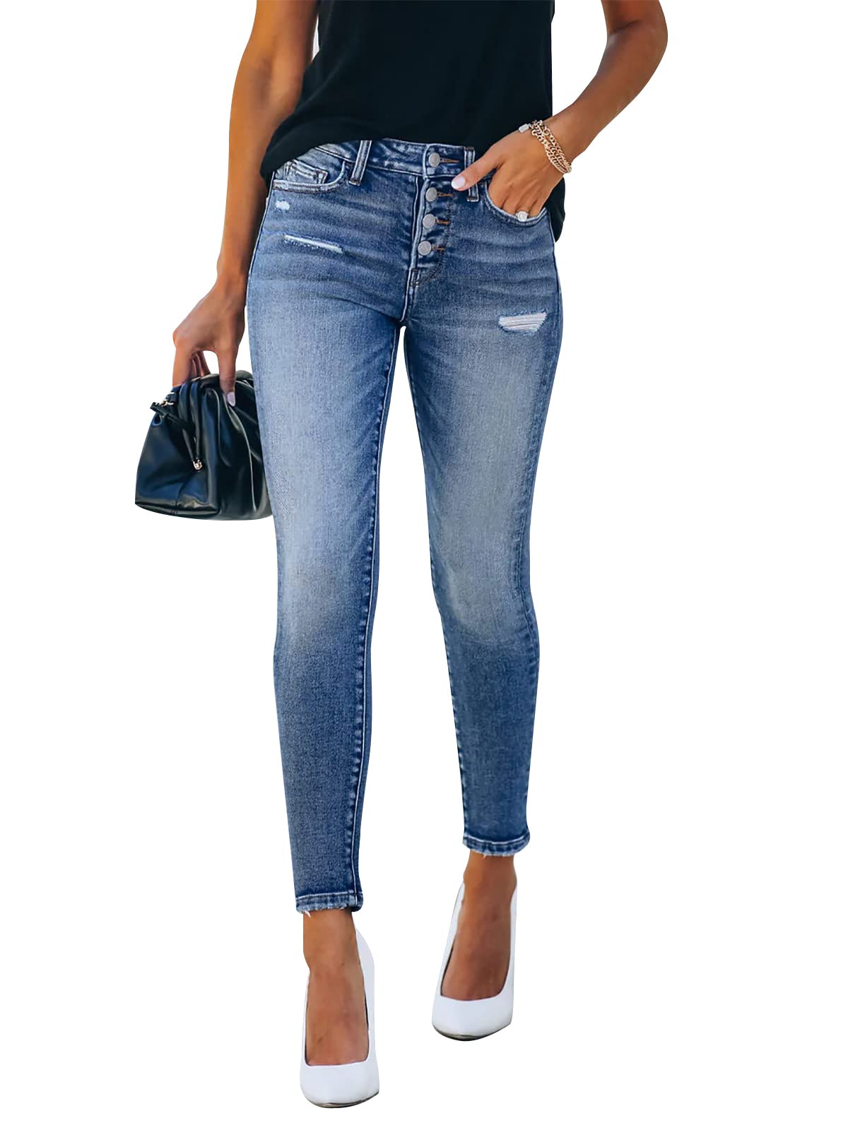 KUNMI Women's Ripped Skinny Slim Fit Jeans Frayed Distressed Stretchy Denim Pants