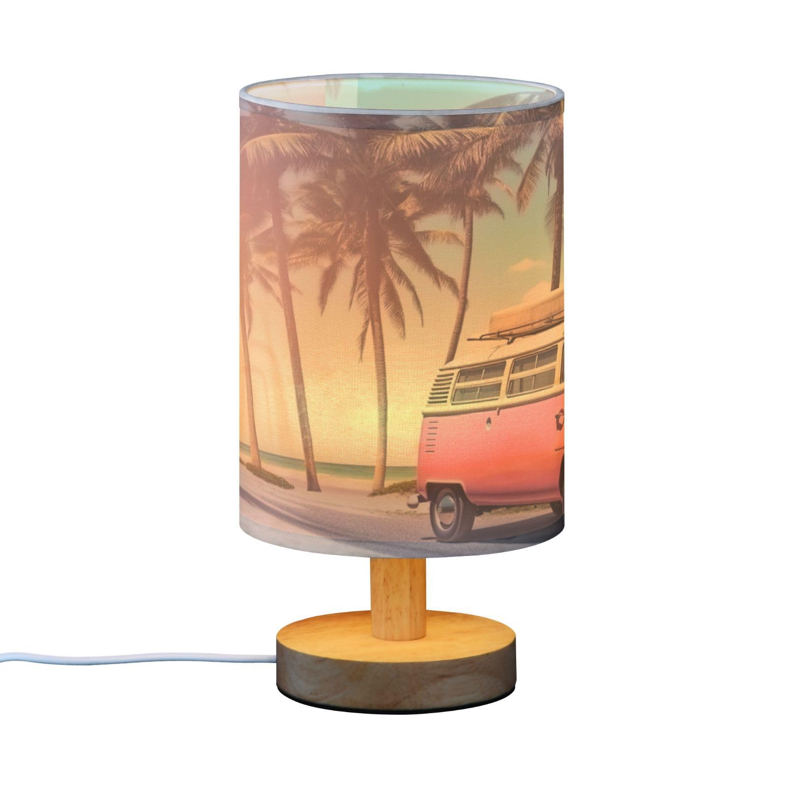 SDMKA Pink Bus Pattern Bedside Table Lamp for Bedroom, Minimalist Nightstand Lamp with Round Fabric Shade for Living Room, Office, No Bulb Required