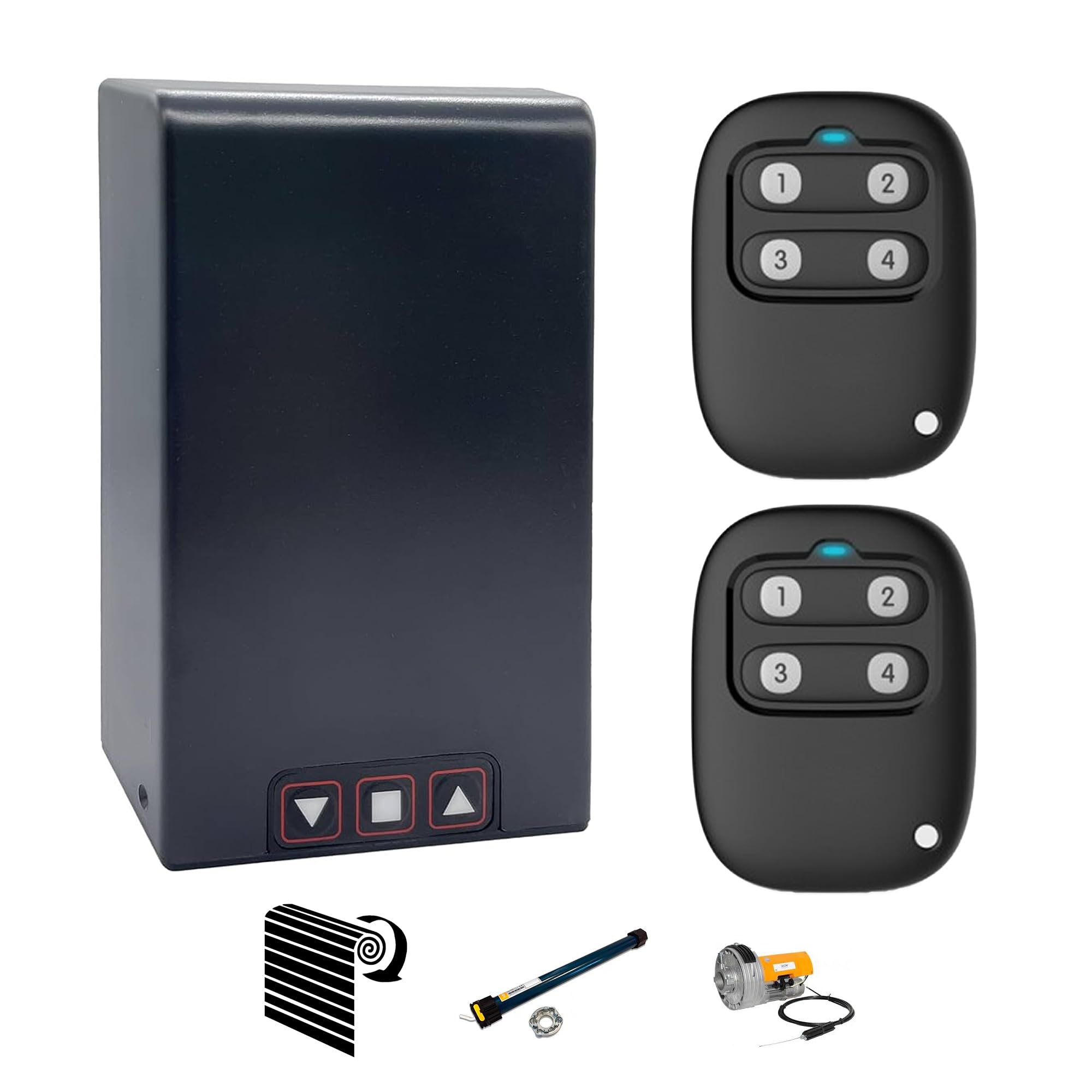 DOMO-MATIC Kit Motor para Puerta Enrollable y Persiana Metálica hasta 160kg, con Cuadro de Maniobras y 2 Mandos a Distancia