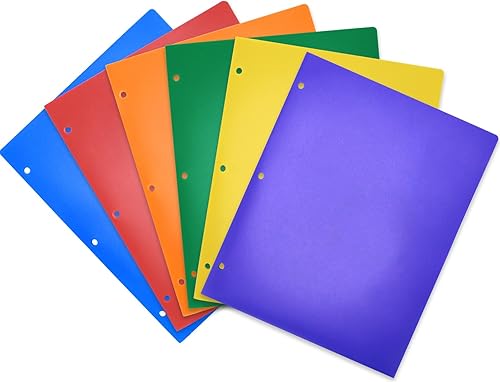 Paquete de 6 carpetas de plástico con bolsillos, 3 agujeros perforados, resistentes con 3 agujeros perforados para carpetas de 3 anillas, carpetas