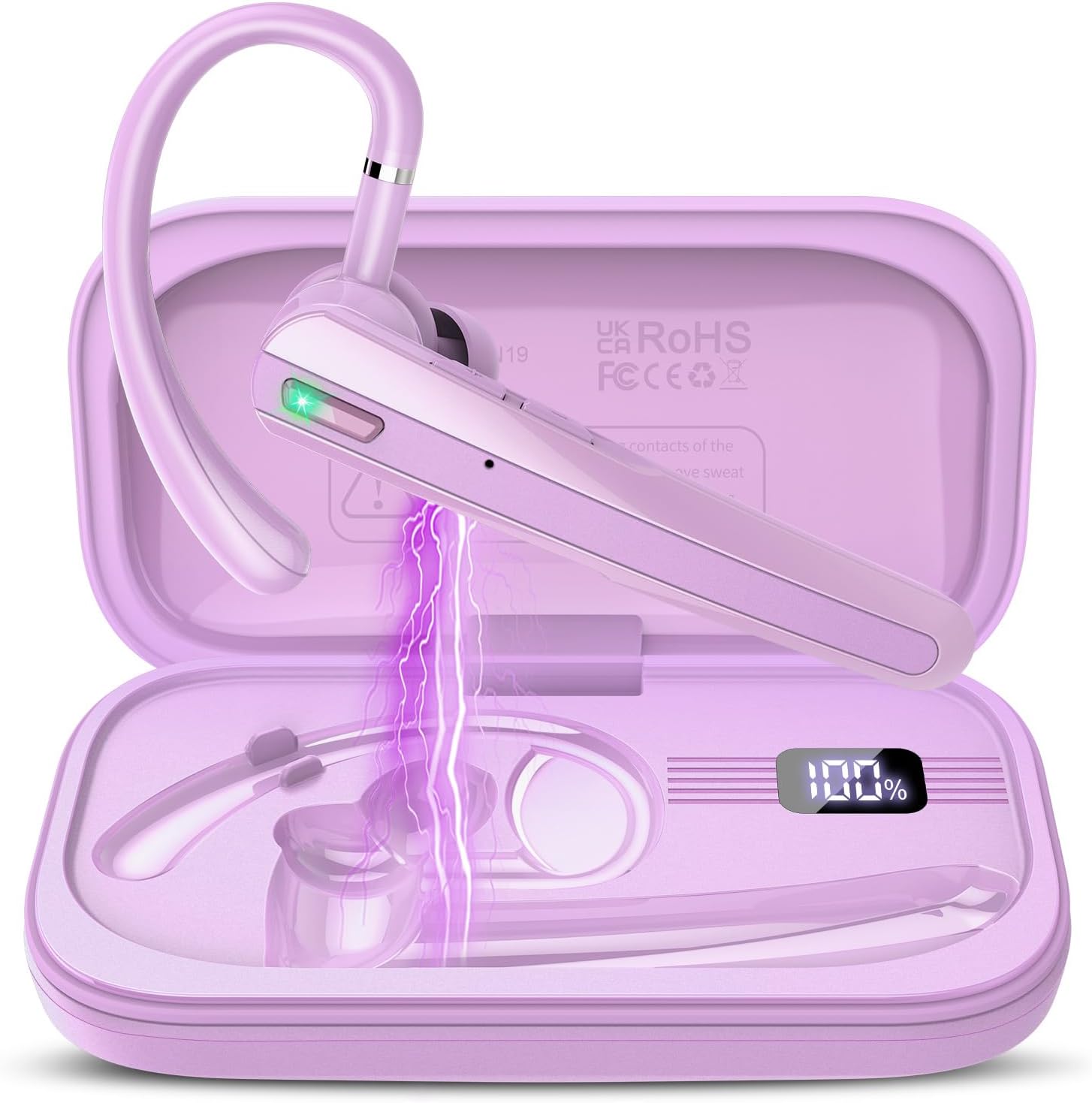 Bluetooth Headset V5.3, Wireless Headset with ENC Noise Canceling Mic, 120Hrs Talk Single-Ear Bluetooth Earpiece, LED Display, IP7 Waterproof, Purple