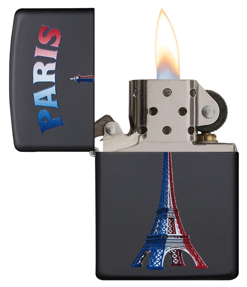 Zippo Sturmfeuerzeug - Paris Eiffel Tower Flag, Black Matte, Color Image - Nachfüllbar - Wiederverwendbar - Windfestes Design - Geschenkbox - Made in USA