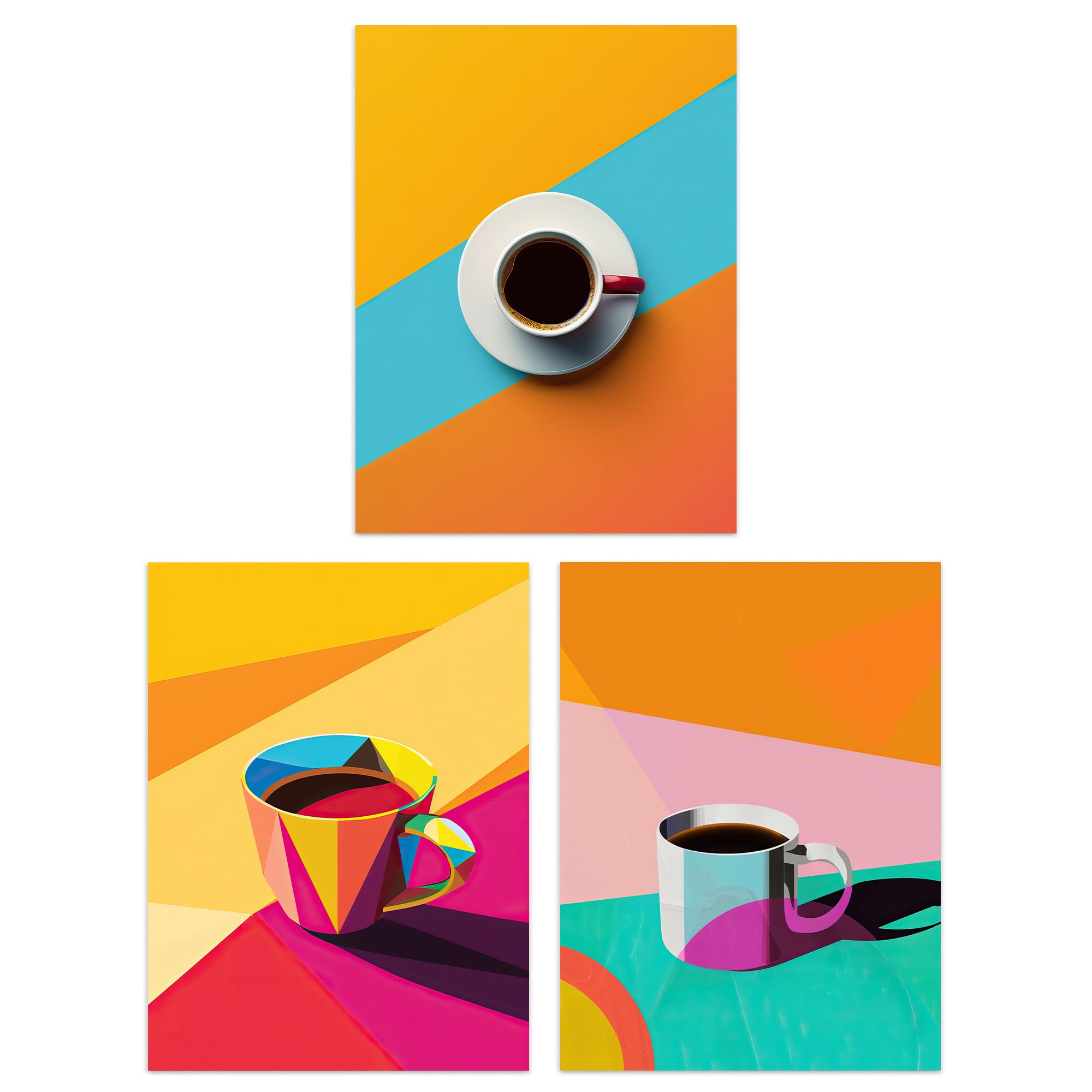 Artery8 Morning Coffee Bright - Set Of 3 Set Of 3 Colourful Geometric Graphic Coffee Cup Living Room A4 Size Wall Art Prints Pack