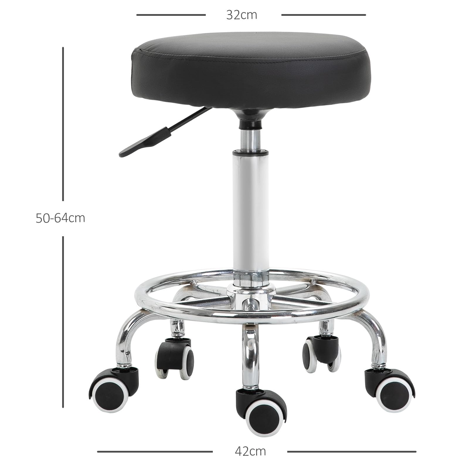 Vinsetto Tabouret à roulettes réglable 50-64 cm, assise rembourrée, pivotant 360°, pour massage, tatouage, clinique, spa, noir