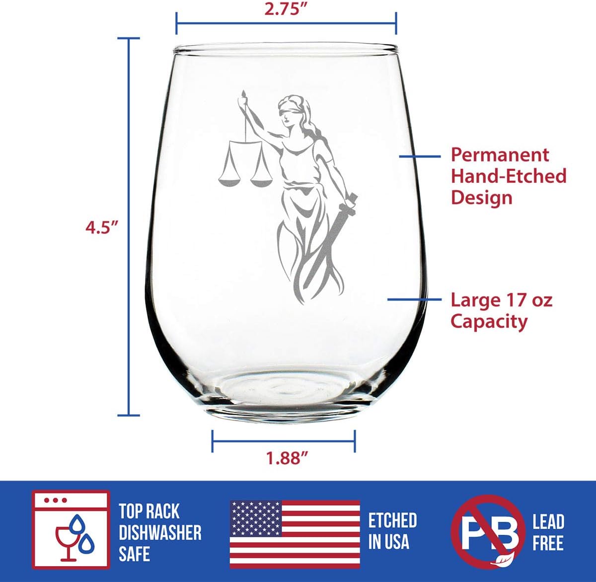 Bevvee Lady Justice - Stemless Wine Glass - Lawyers and Attorneys Themed Gifts or Party Decor - Large 17 Ounce - Image 5