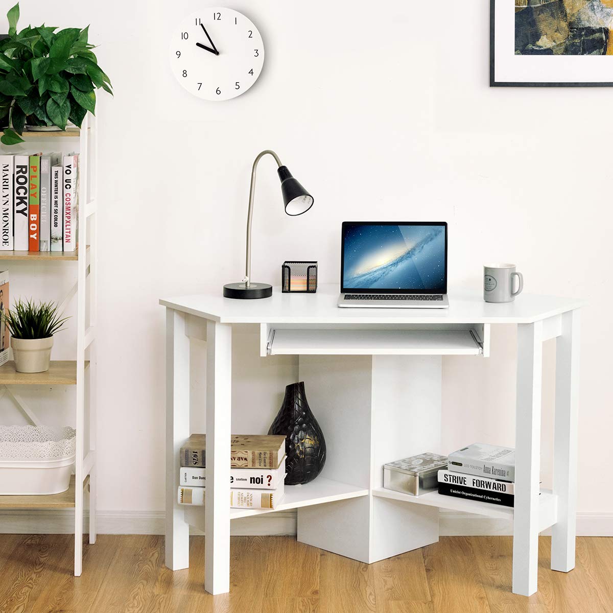 Tangkula White Corner Desk, Corner Computer Desk with Smooth Keyboard
