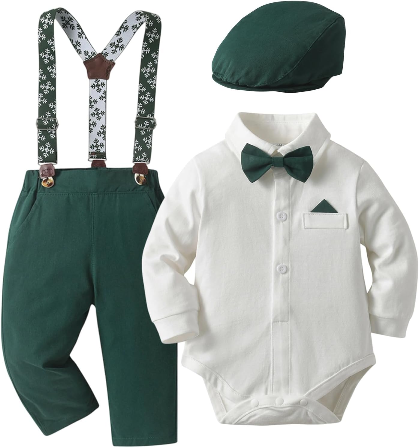 Combinaison de Noël Bébé Garçon – Ensemble Petit Monsieur avec Noeud Papillon, Bretelles et Béret (6-24 Mois)