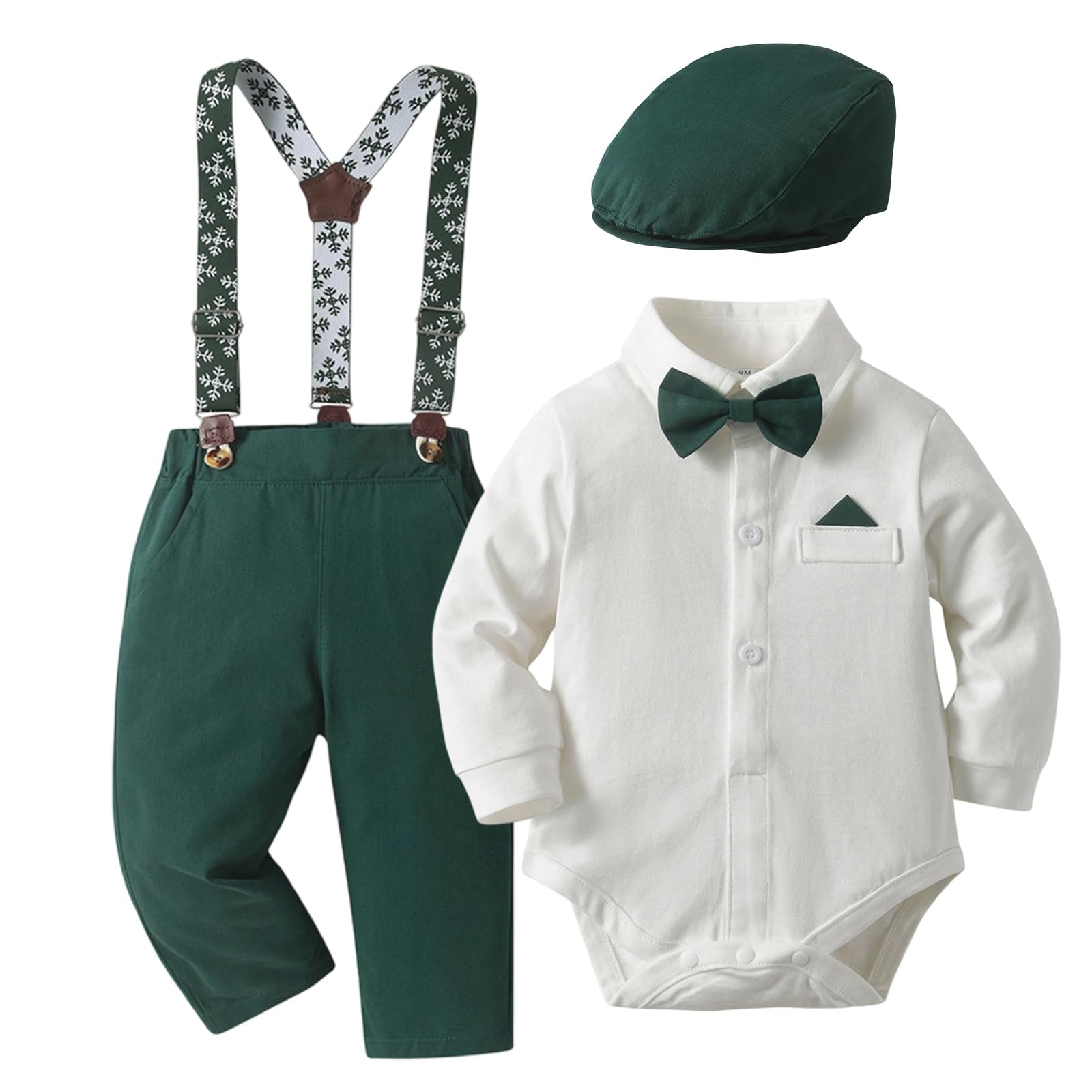 Weihnachtsanzug für Jungen mit Fliege, Hosenträger & Flachmütze - Festlicher Strampler im Gentleman-Look für Babys