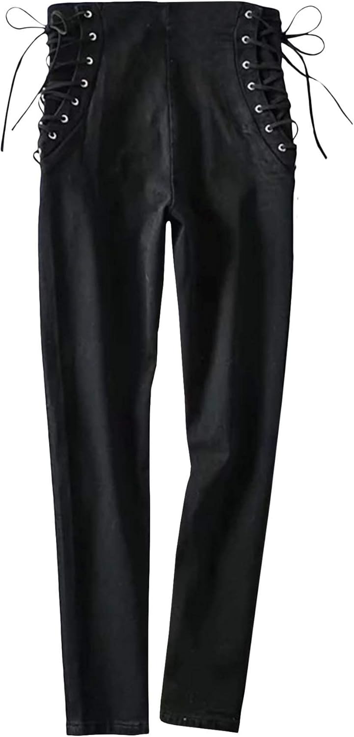 xxxiticat Women's Bandage Legging Pants High Wasit Side Criss Cross Lace Up Jeans Bodycon Skinny Denim Pencil Trousers