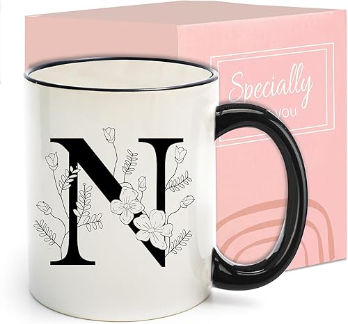 Miniatura 11 de Tazas de café de cerámica con monograma, taza de bebida inicial de 11 onzas con caja de regalo, regalos únicos de cumpleaños para el día de San