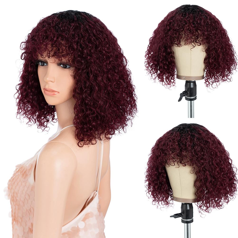 Pelucas afro de cabello humano, pelucas cortas y rizadas para mujeres negras, peluca con flequillo (12 pulgadas, TT1B/99J)