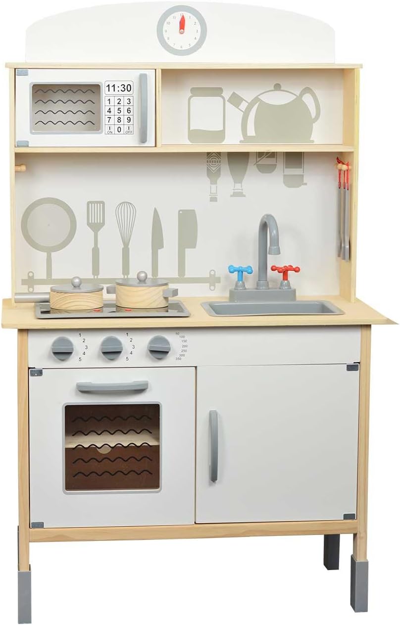 Inside Out Toy Wooden Kitchen Set, Large Size, with Accessories and Light Up Hob