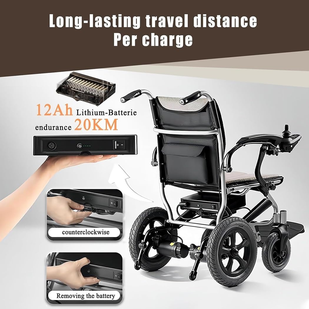 Carrozzina Elettrica Pieghevole Leggera (12AH) - Sedia A Rotelle Portatile - Sedia Da Viaggio Per Transito Per Utenti Con Disabilità Fisiche, Disabili E Anziani