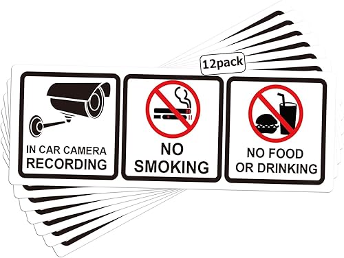 Paquete de 12 carteles de "No fumar en la cámara del automóvil, grabación de no comer o beber, 1.75 x 5 pulgadas, calcomanías de advertencia de