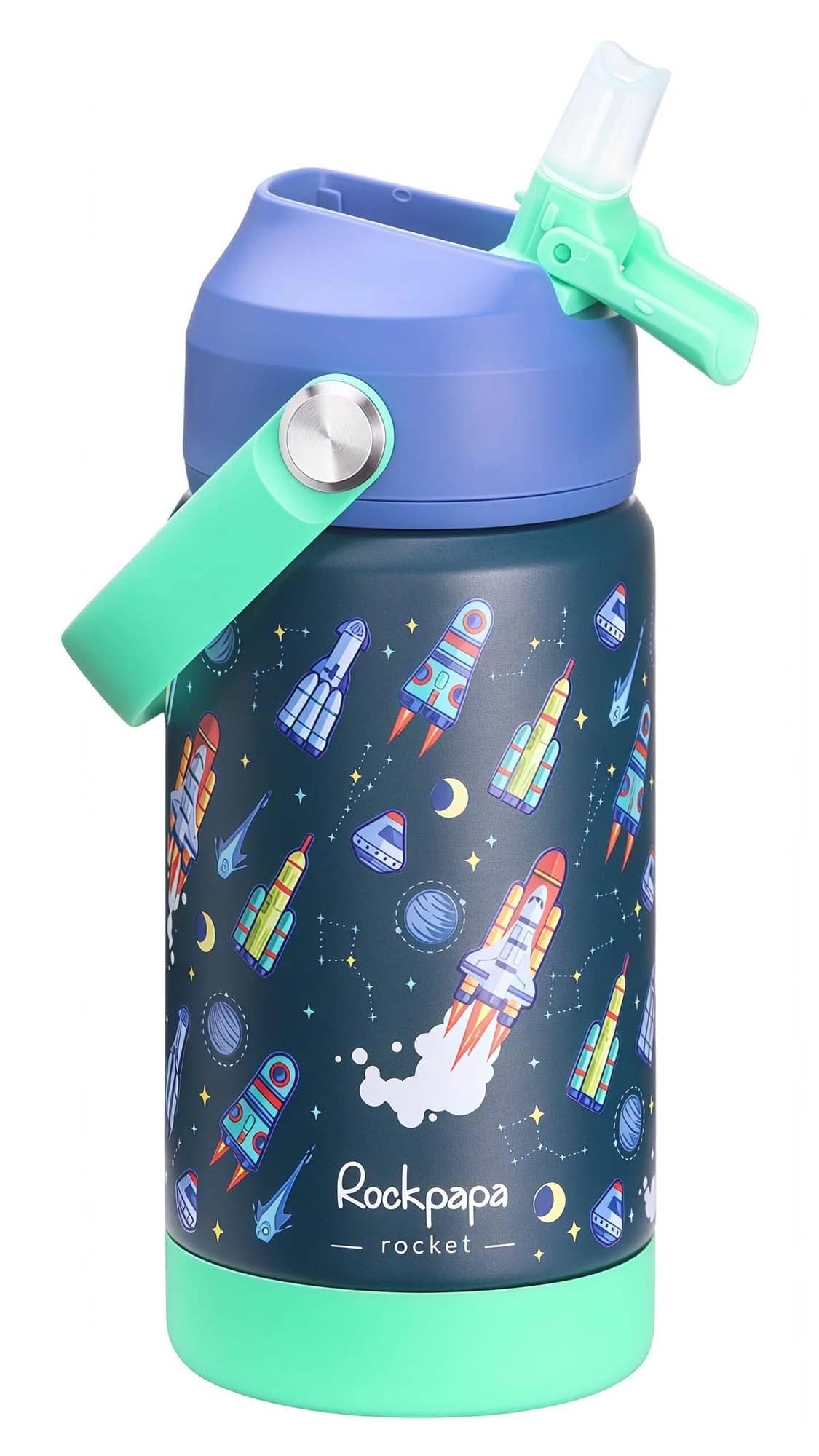 Rockpapa Kids Insulated Water Bottle with Straw, BPA-Free, 18/8 Stainless Steel, Leak Proof, 14OZ Metal Cup Water Bottle for School Boys Girls (Blue Rocket) โ image 1
