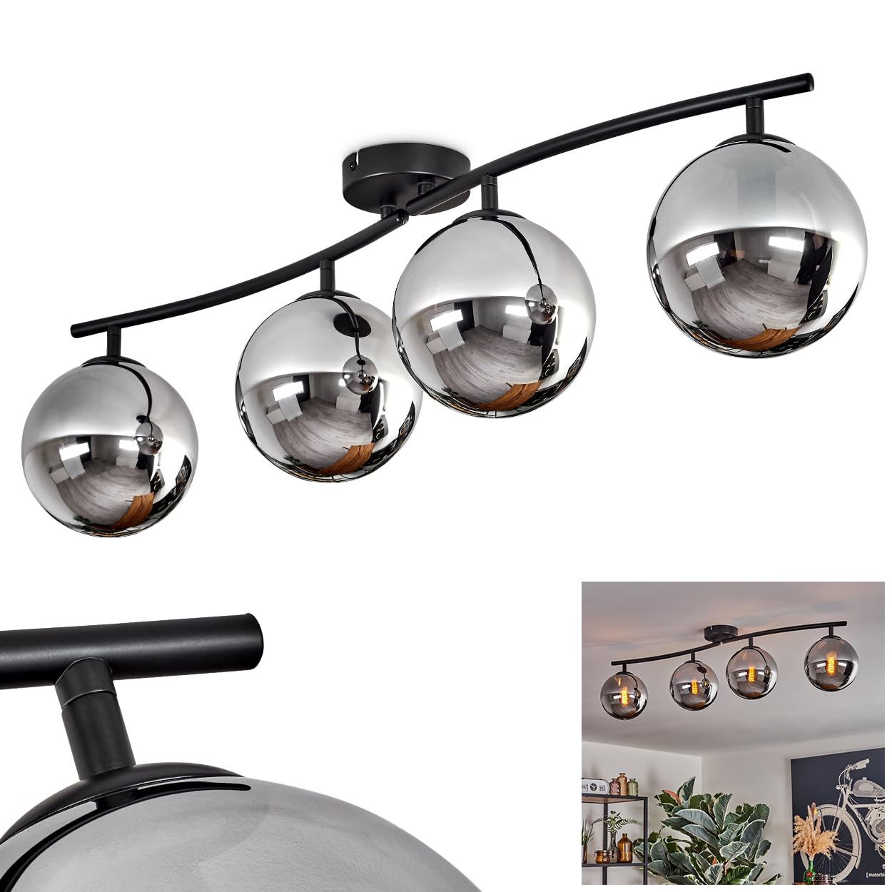 Gastor Ceiling Light, Ceiling lamp Made of Metal and Glass in Black, Chrome and Smoke, luminaire in a Modern Retro/Vintage Design with Glass Shades (Ø 15 cm), 4 x E14, Without Bulbs