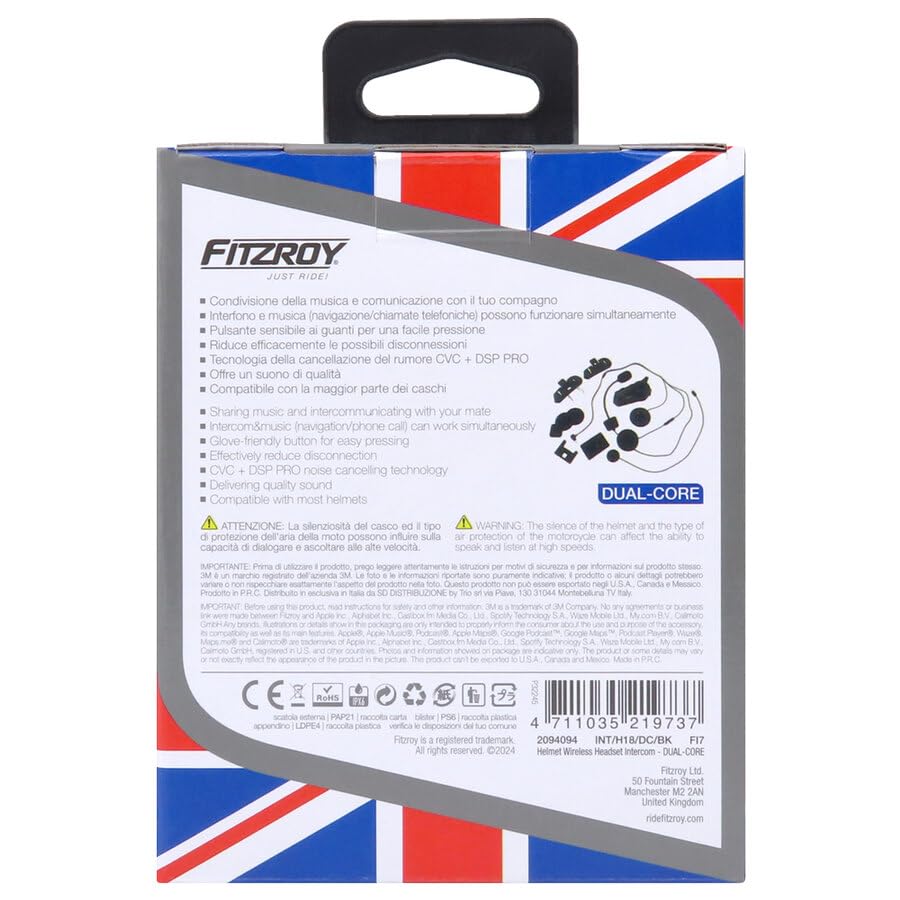 FITZROY Interfono Moto Bluetooth 5.3, Auricolare Casco Moto con Comunicazione 500m, Interphone Moto con Cancellazione Rumore CVC+DSP PRO, Condivisione Musica e Audio Multitasking, Impermeabile IPX6