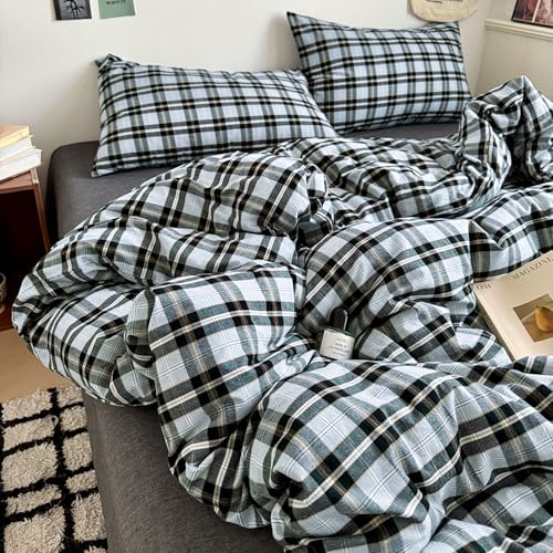 Image of EAVD Vintage Light Blue Grey Buffalo Plaid Duvet Cover King Soft Washed Cotton Gingham Bedding Set with Grid Checkered Pattern Farmhouse Geometric Duvet Cover with 2 Pillowcases for Boys Men Women