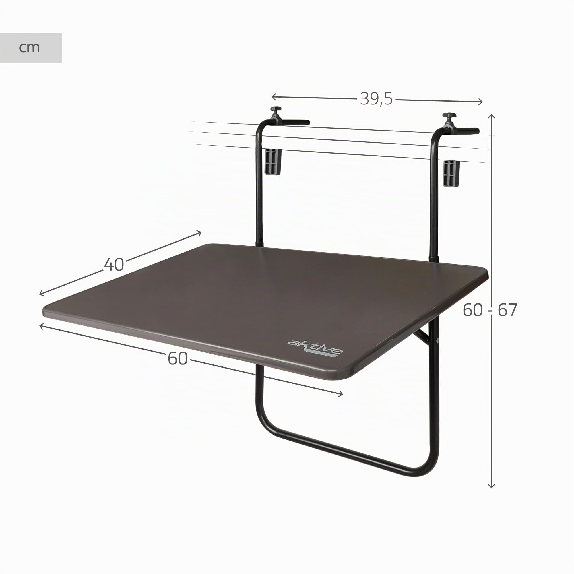 AKTIVE 61034 - Table Pliante Suspendue Multi-Positions pour Balcon, Table de Balcon Pliante 60X40cm, Table de Balcon Suspendue en Acier et Bois, 3 Positions, Supporte Max 20 kg