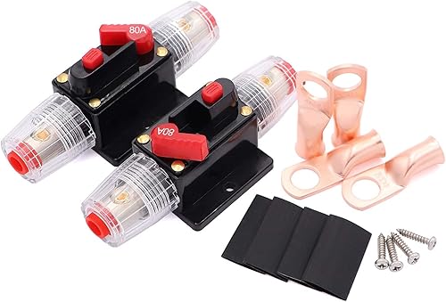 Paquete de 2 disyuntores en línea de 80 amperios de 12 V con soporte de fusibles de reinicio manual para audio de automóvil, estéreo de barco