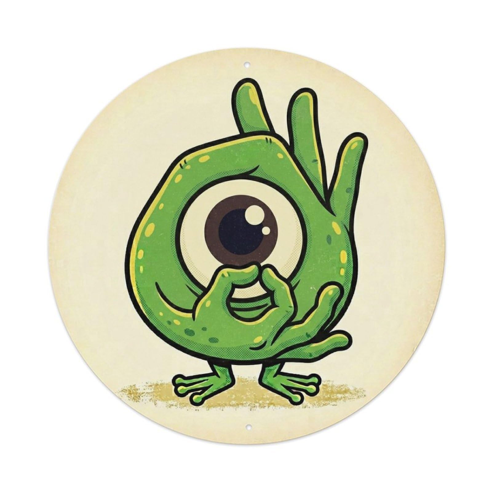 Frog OK Gesture Amphibian Pop Style Quirky Meme Humor Metal Tin Sign Plaque Wall Decor for Cafe, Man Cave, Club Bar, Office, Home Garden Round Metal Poster 8x8Inch