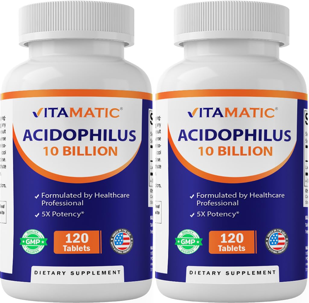 Vitamatic 2 pakendid Acidophilus Probiootikum - 10 miljardit CFU - 120 tabletti - 5X potentsi - igapäevane probiootiline lisand, toetab seedetrakti tervist (kokku 240 tabletti)