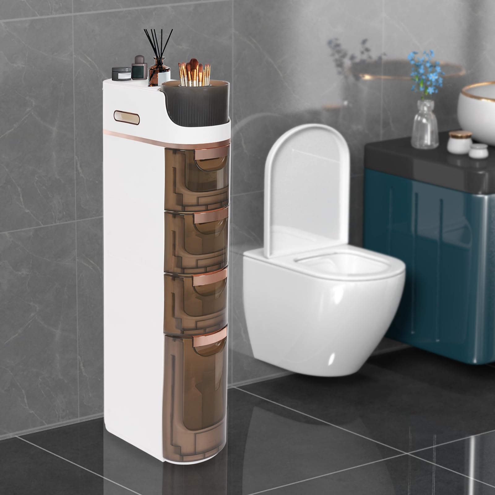 Carrito de almacenamiento estrecho con 4 cajones, cajonera con suelo alto, giratorio, espacio de almacenamiento superior para baño, dormitorio, salón, organización máxima