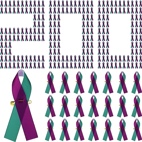 Image of Misdary 200 pcs Suicide Prevention Awareness Ribbon Satin Purple Teal Ribbon Pins Sexual Assault Awareness Safety Pin
