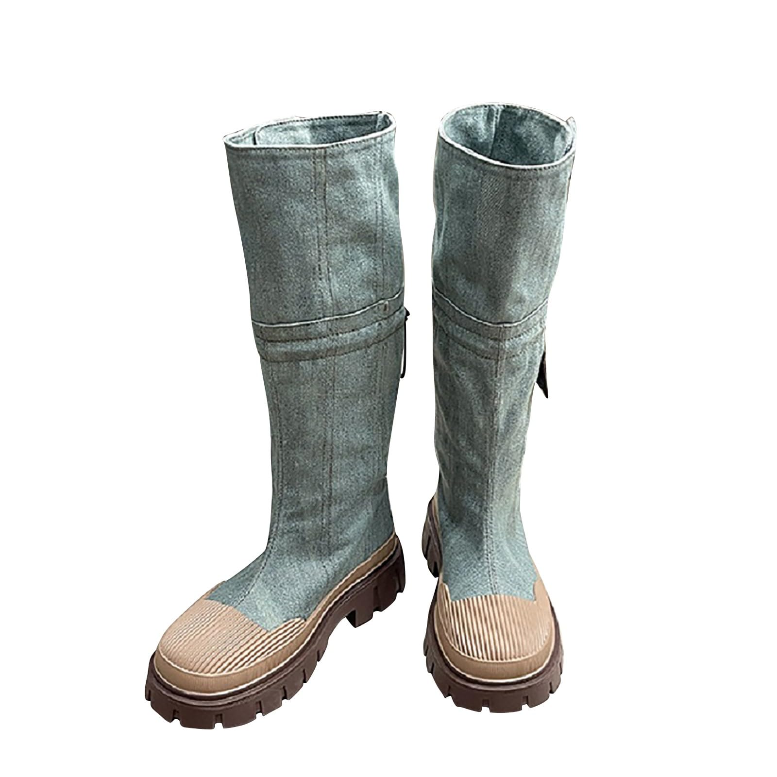 Donna Primavera e Retro Denim con suola spessa da workwear Toe High Top Slim Stivali corti da donna