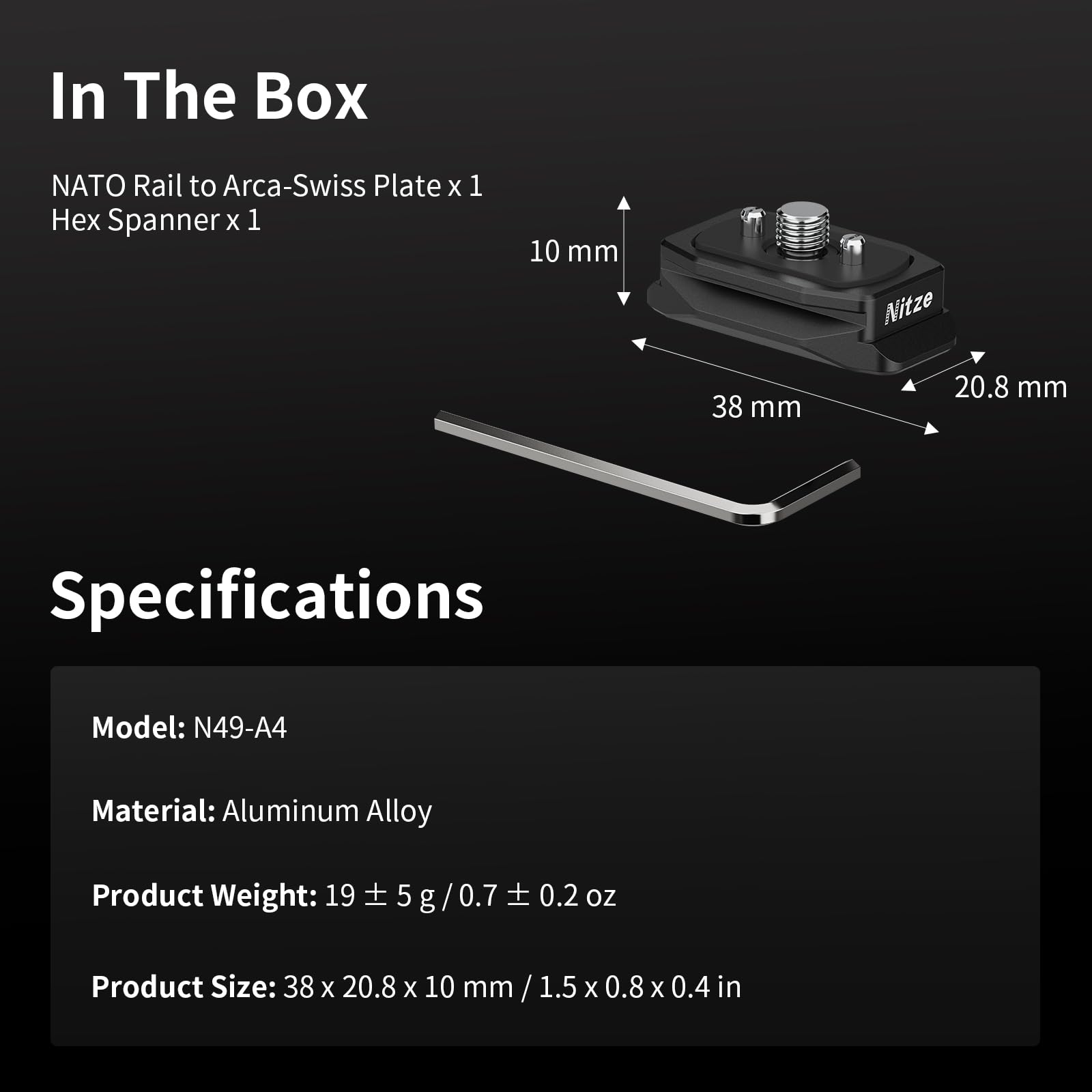 Nitze NATO Rail de 38mm, Rail NATO avec Goupilles de Positionnement de 1/4" et Plaque à Dégagement Rapide Intégrée pour Arca-Swiss - N49-A4