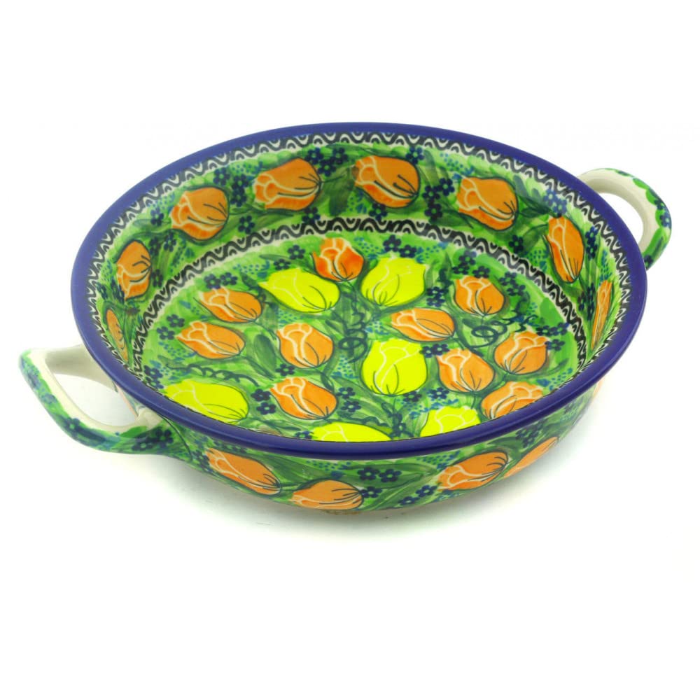 Polmedia Polish Pottery Round Baker with Handles UNIKAT - Easter Rose Pattern Handmade in Boleslawiec Poland by Ceramika Artystyczna + Certificate of