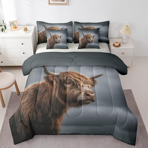 Erosebridal Highland Cow Comforter Sets with Sheets, Brown Cattle Bedding Set Qu