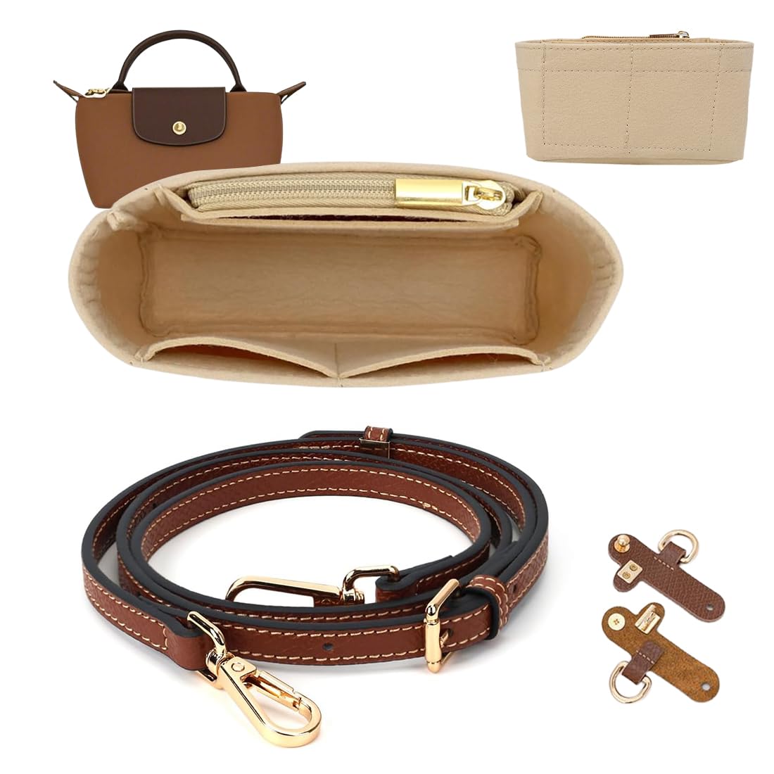 Konyak renkli deri omuz askısı 0,9 cm + GS No-Punch toka seti + fermuarlı  keçe iç cep, Longchamp Mini Duffle Bag, longchamp omuz askısı, çanta  düzenleyici, longchamp düzenleyici : Amazon.com.tr: Moda