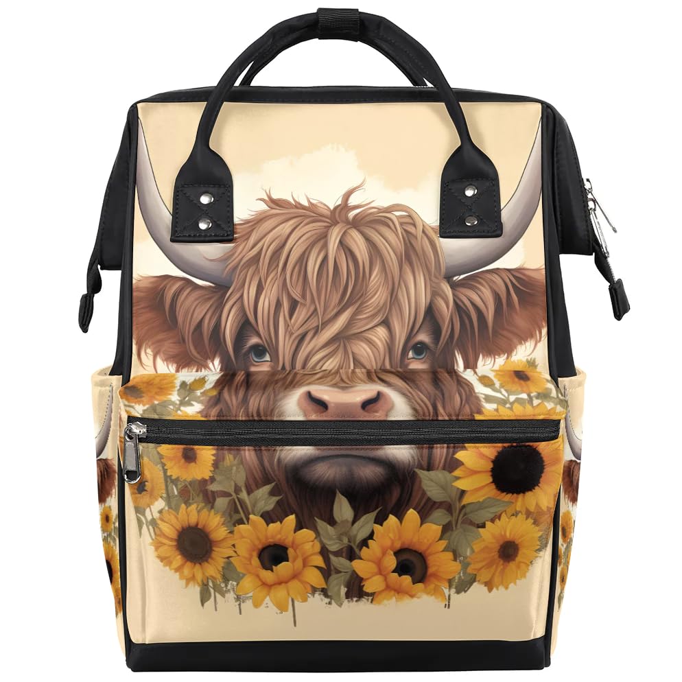 Image of Baby Diaper Bag Backpack,Sunflower Highland Cow Baby Bag for Boys & Girls, Multi function Waterproof Travel Essentials Baby Organizer Bag with Stroller Straps,Diaper Backpack for Mom/Dad,A765
