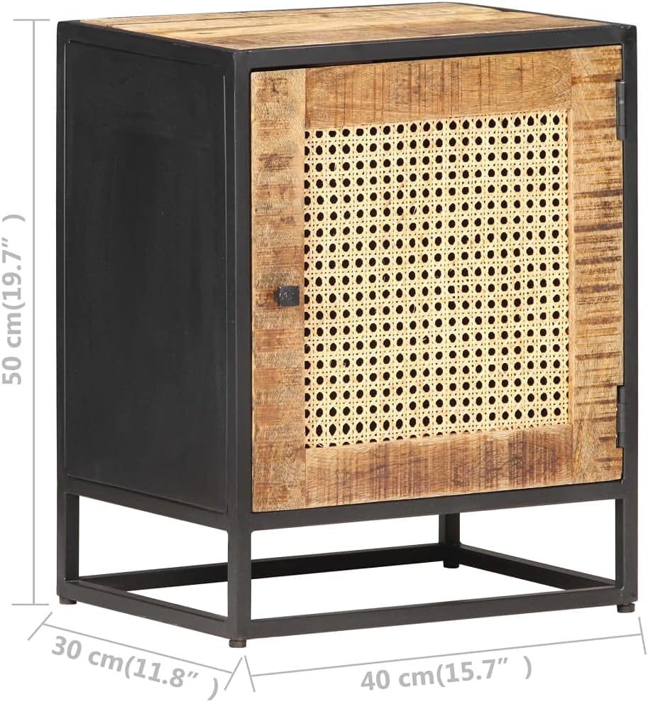 vidaXL Rough Mango Wood Bedside Cabinet – Hand-Woven Natural Cane Nightstand/Side Table, Iron Frame, 15.7"x11.8"x19.7", Bohemian, Rustic Brown