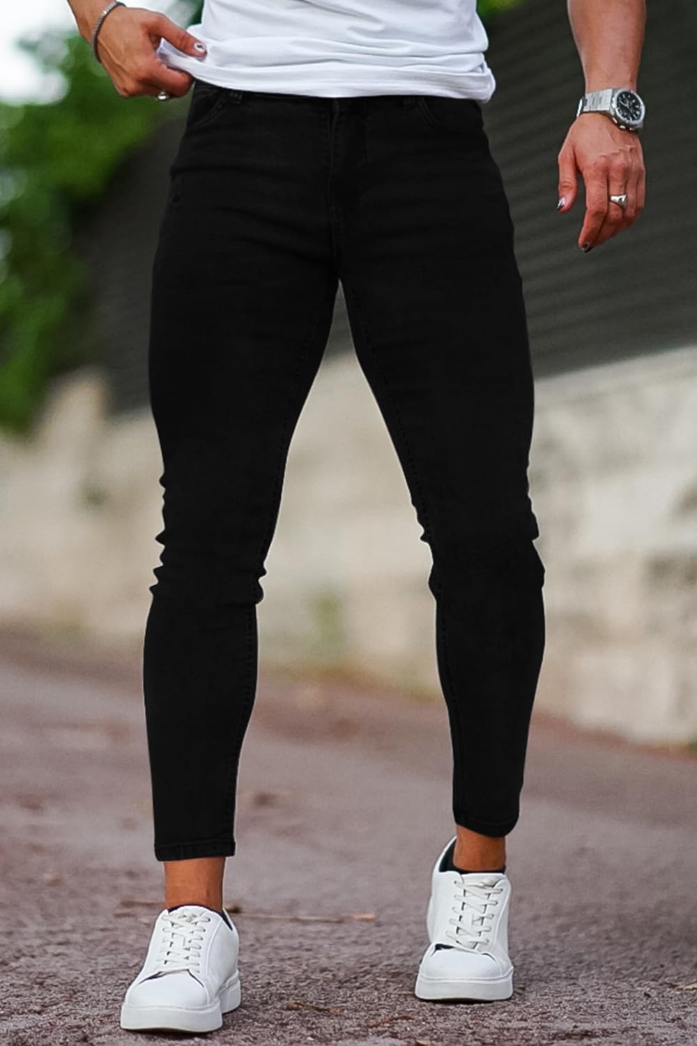 Jeans rasgados, elásticos y ajustados para hombre, Skinny, 32, Black Non-ripped 6