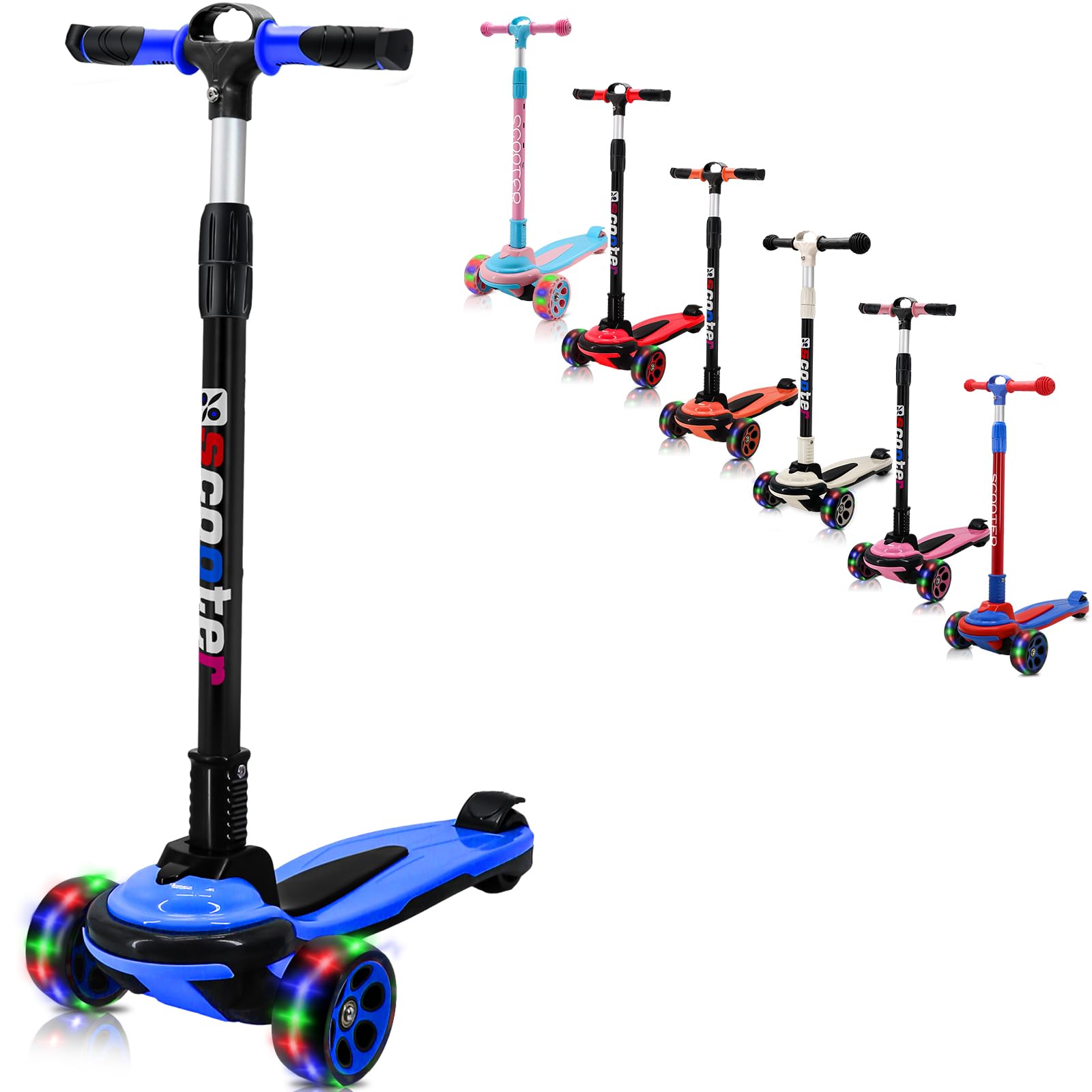 Patinete de 3 ruedas para niños de más de 5 años, plegable, 4 manillares ajustables de 32 a 40 pulgadas de ancho, ruedas LED intermitentes