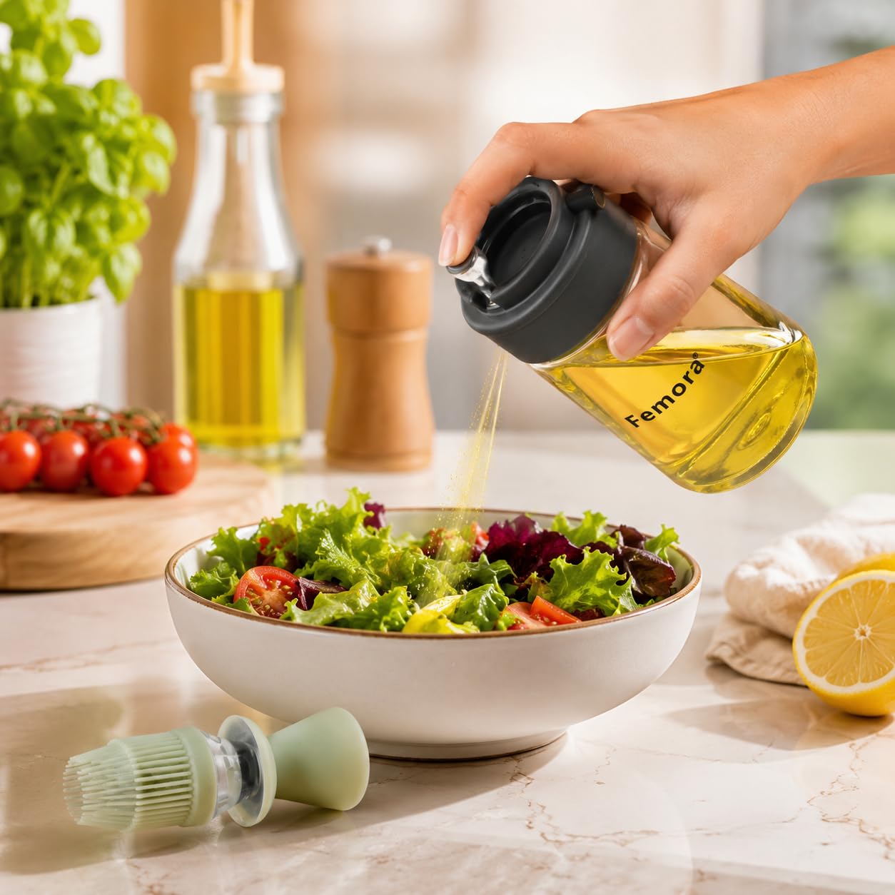 Femora Glass Oil Dispencer Bottle With Silicone Brush, Dropper, 350 ML, Pack of 1, Grey,Cooking Oil 2