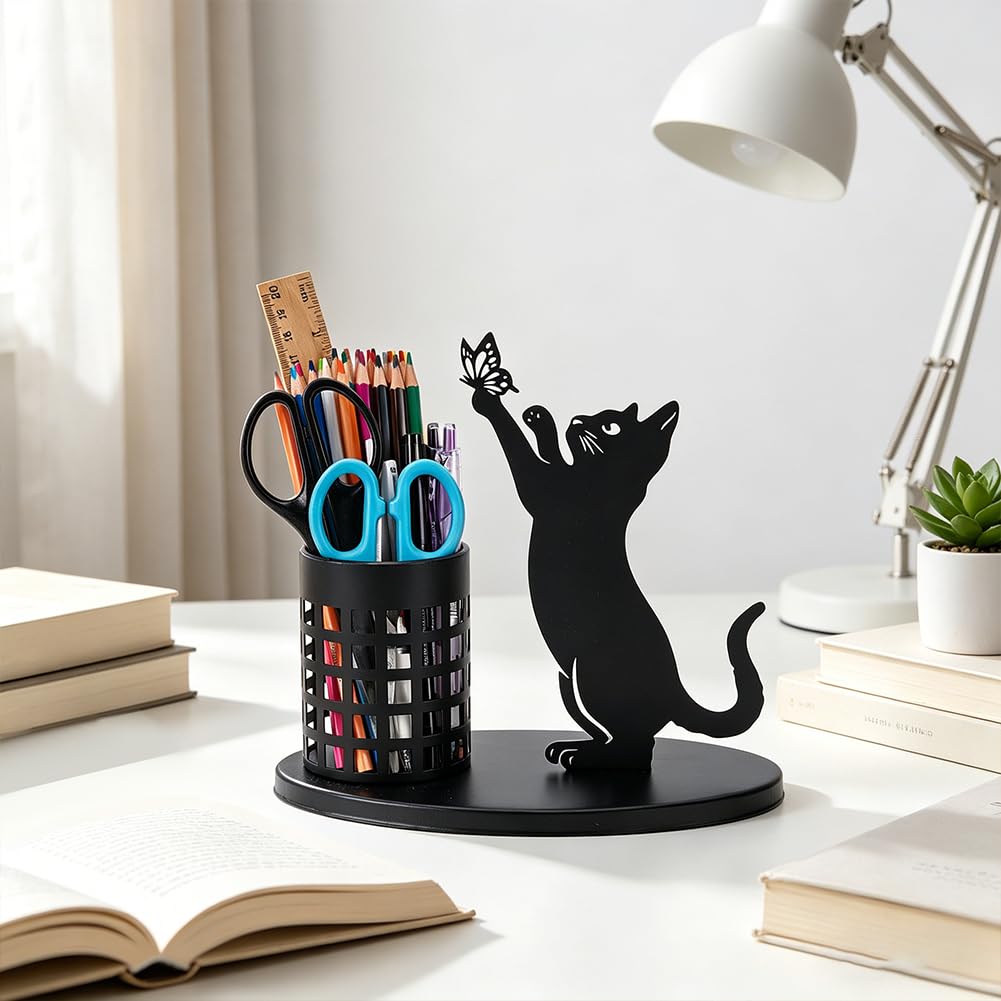 nbeads 1 Stück Katzenstifthalter Für Schreibtisch, Schwarzer Süßer Stifthalter Schreibtischaccessoire Pinselfach Für Büro Wohn-Deko Tischdekoration Geschenke Für Frauen, 220x135x185mm