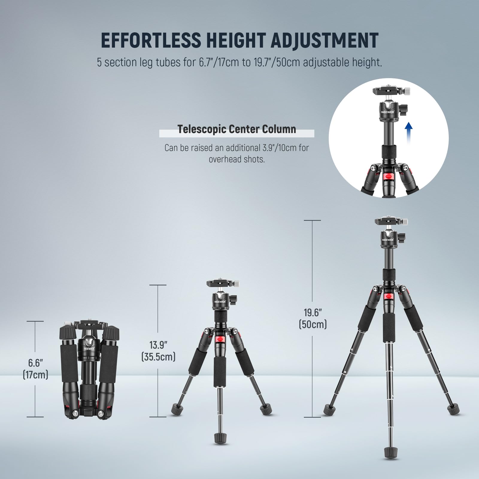 NEEWER Mini statyw do kamery biurkowej z uchwytem na telefon komórkowy, kompatybilny z iPhone'em do nagrywania wideo, mały, przenośny stojak na kamerę DSLR, głowica kulowa 360°, płyta QR 1/10.2 cm