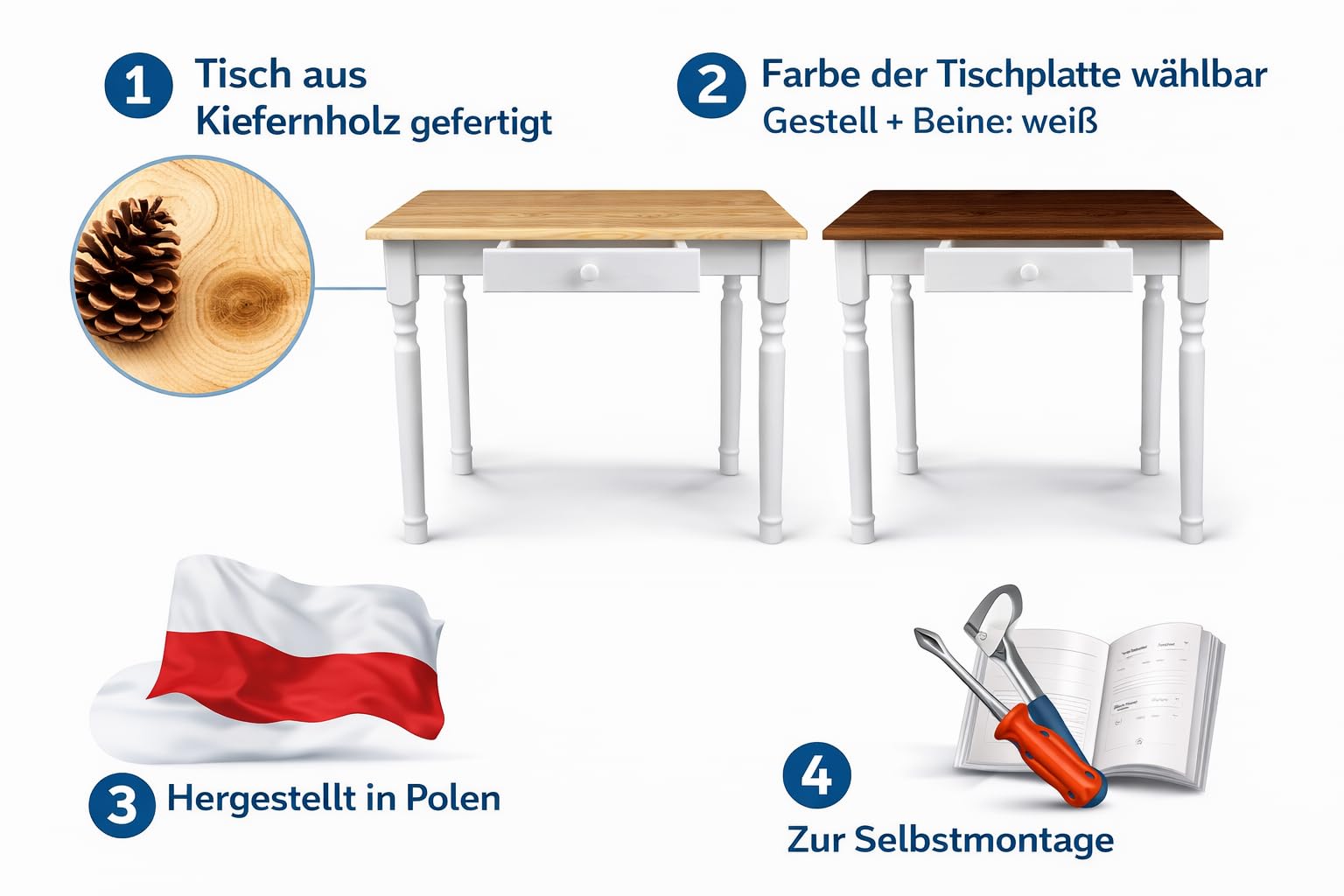 Magnetic Mobel Esstisch mit Schublade Küchentisch Tisch Massiv Kiefer Speisetisch massiv (50x70 cm, Eiche)