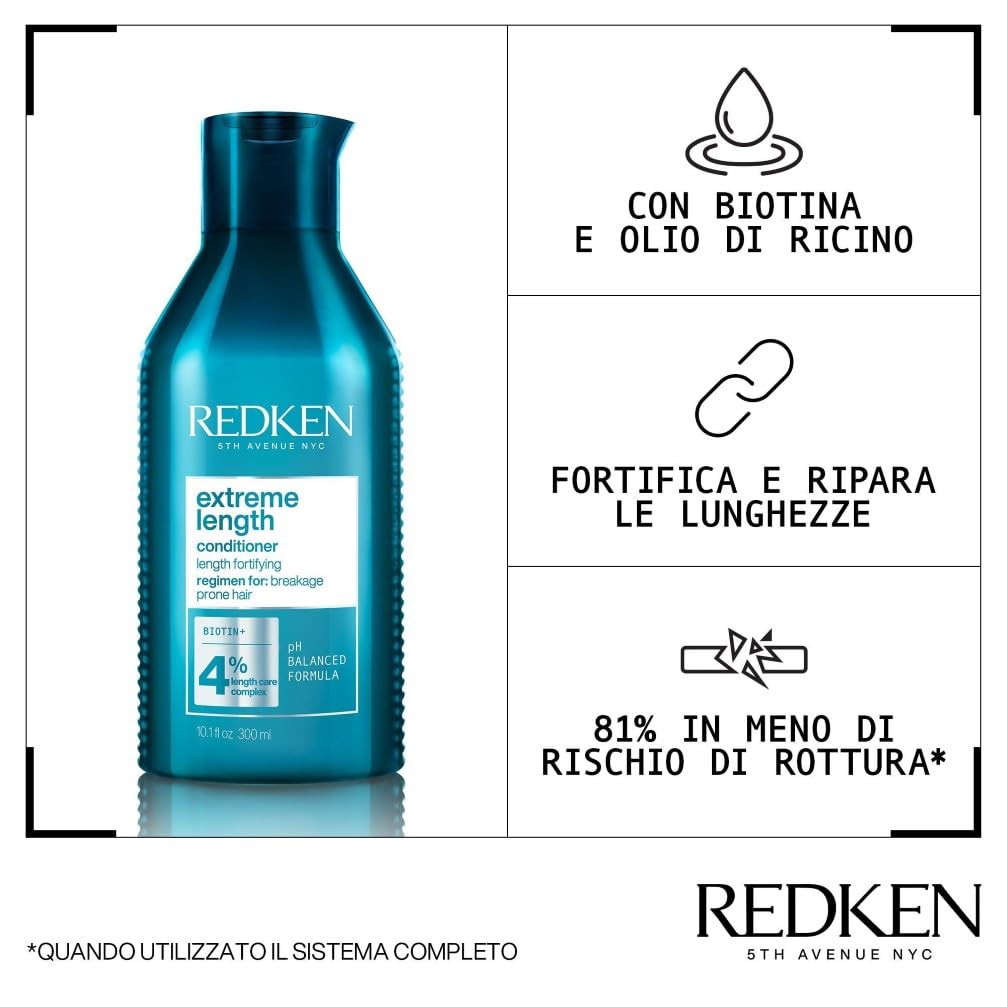 Redken | Balsamo professionale Extreme Length, Fortificante per capelli danneggiati, 300 ml