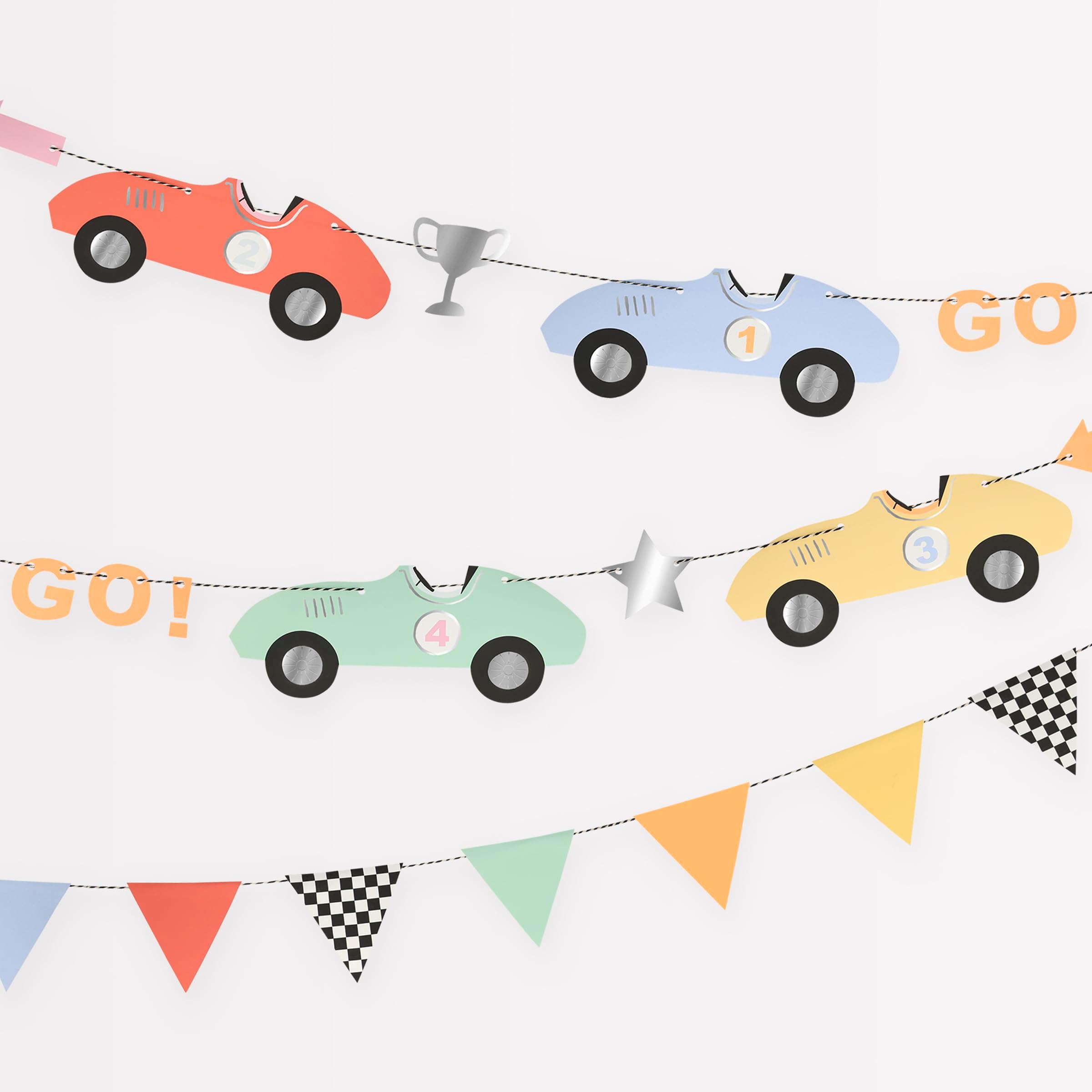 Meri Meri Race Cars Party Banner (Pack of 1). 10' Party Garland Including Excess Cord, Race Car Birthday Party Decorations