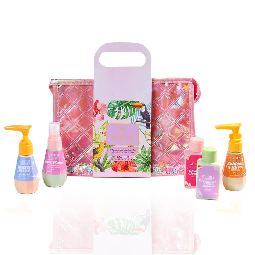 Whimsy Beauty Mini Body Care Love Pouch Kit (Pack of 5) | Moisturizer, Bodywash, Cleanser, Rose Water & Sunscreen for Kids & Pre-Teens