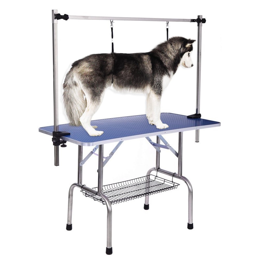 Mesa de peluquería para Mascotas, Resistente, con Soporte Ajustable para los Brazos y Superficie Antideslizante, 90x60x76 cm, para Uso Profesional y doméstico.