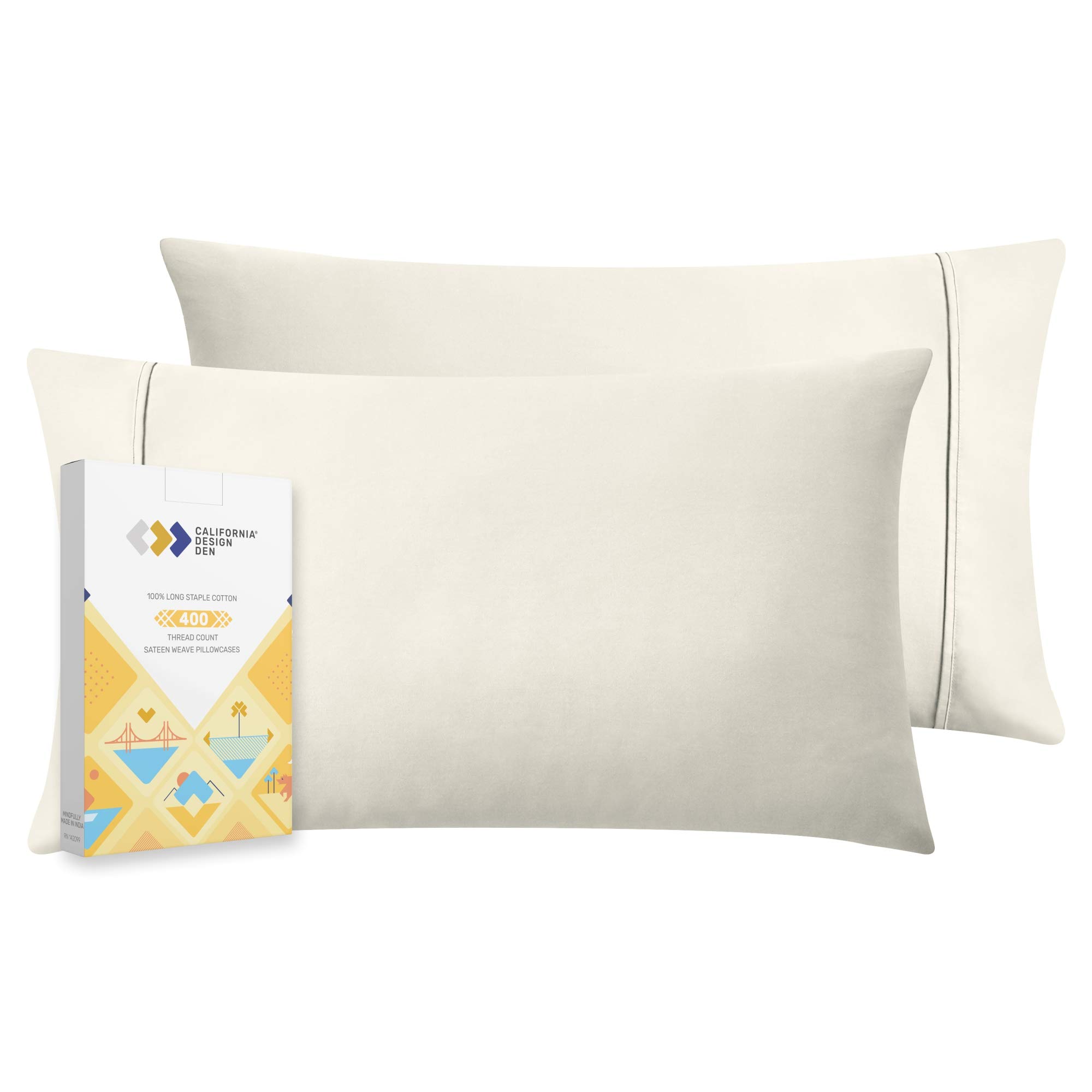 400 Thread Count 100% Cotton Pillow Cases, Ivory Standard Pillowcase Set of 2, Long - Staple Combed Pure Natural Cotton Pillows for Sleeping, Soft & Silky Sateen Weave Bed Pillow Covers