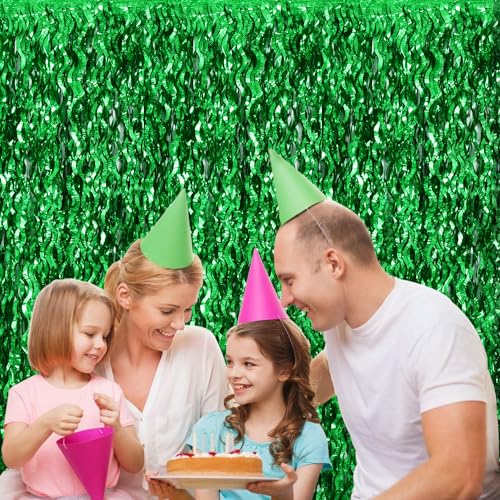 Image of TONIFUL 3Pcs Wavy Metallic Tinsel Foil Fringe Curtains Green Streamer Backdrop for Photo Booth Props,Party Door Wall Curtain,Bachelorette,Birthday,Christmas,Wild Woods Party Decor (9.9ft x 6.6ft)