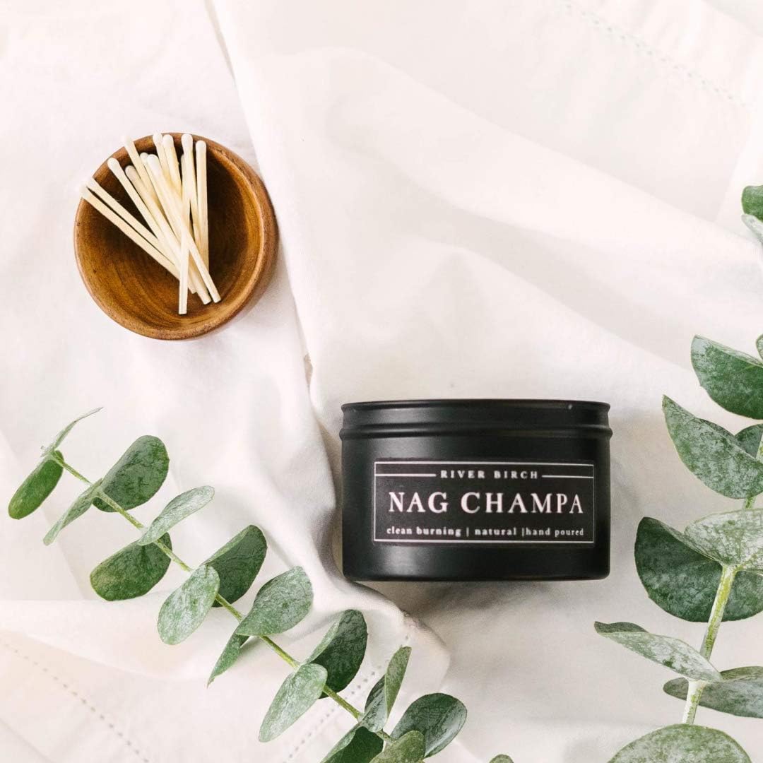River Birch Candles Nag Champa Scented Candle | Premium, All-Natural, Non-Toxic, Soy Candles | 8 oz. Black Matte Tin Travel Candle | Cozy Relaxing Gifts for Home