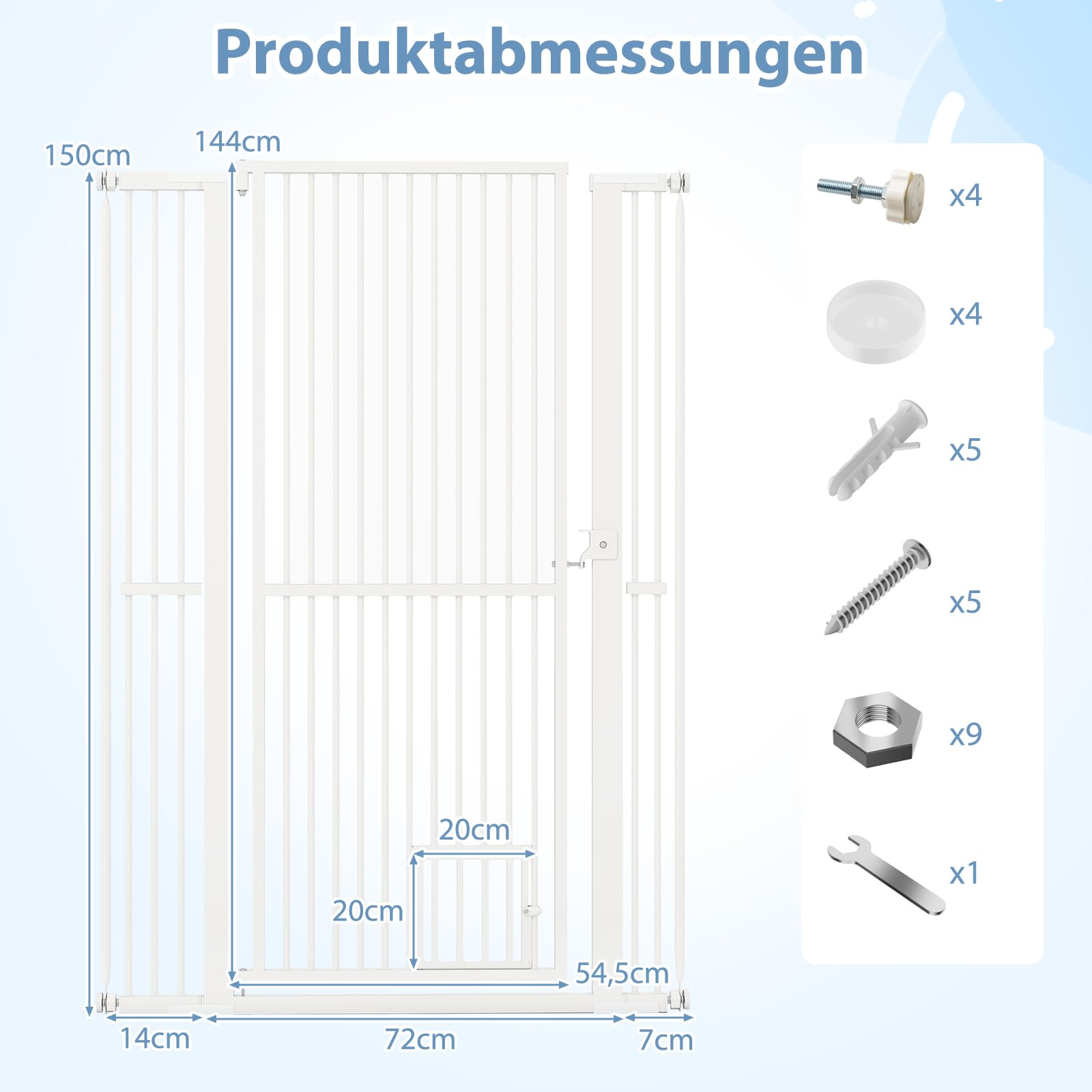 COSTWAY Türschutzgitter Hunde, Absperrgitter ganz hoch, 77-104 cm x 150 cm, Schutzgitter mit Kleiner Tür, 2 Erweiterungen, Türgitter ohne Bohren, Hundegitter ausziehbar, Sicherheitsgitter Metall, Weiß