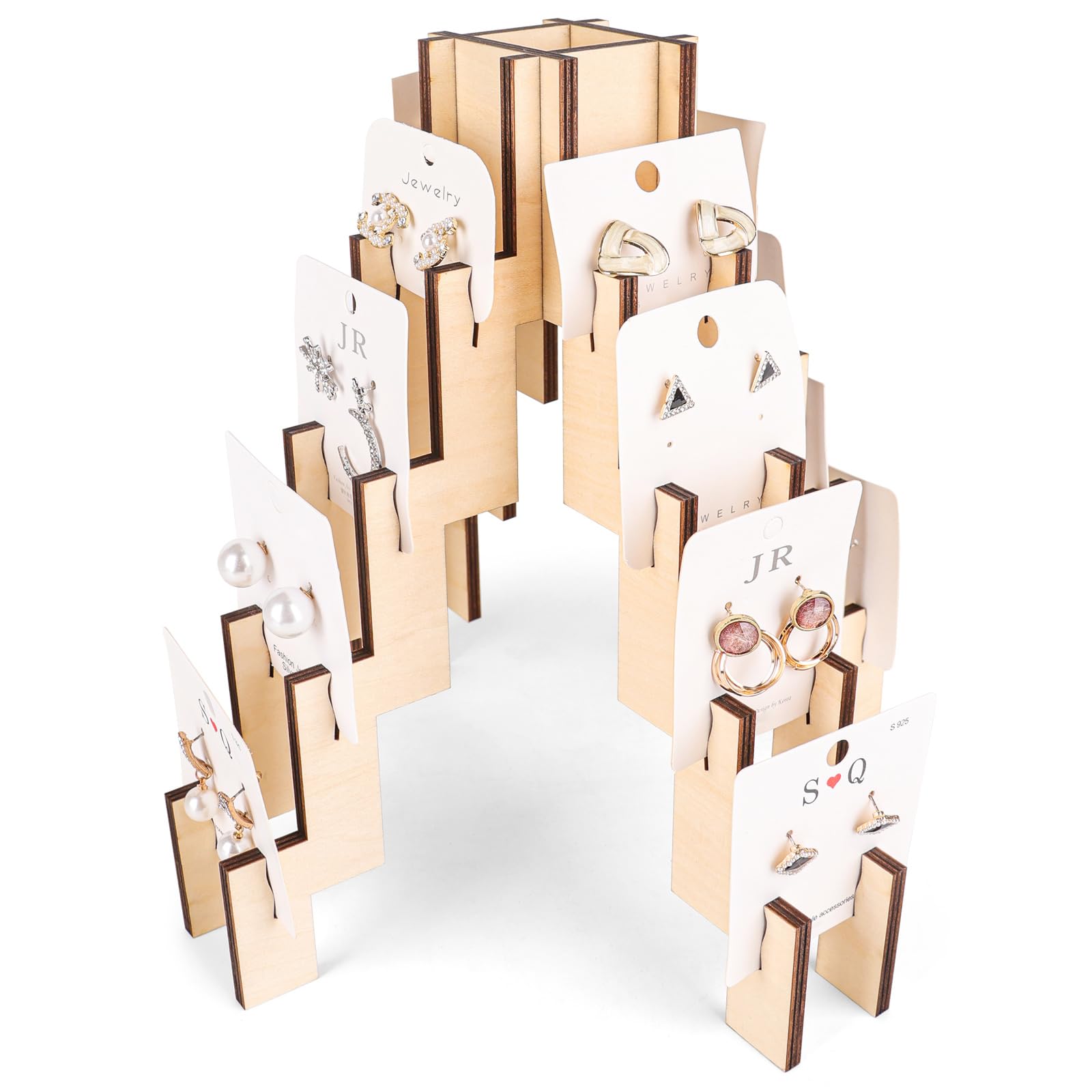Wooden 4-Sided Jewelry Display Stand - Free-standing, Portable Earring Rack Holder with 16 Slots for Retail Show